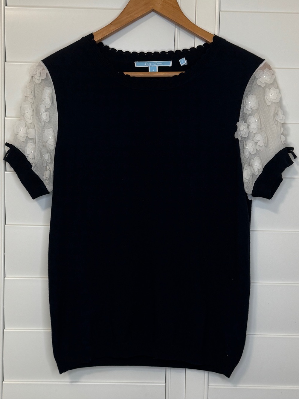 Draper James sweater with sheer floral appliqué sleeves
